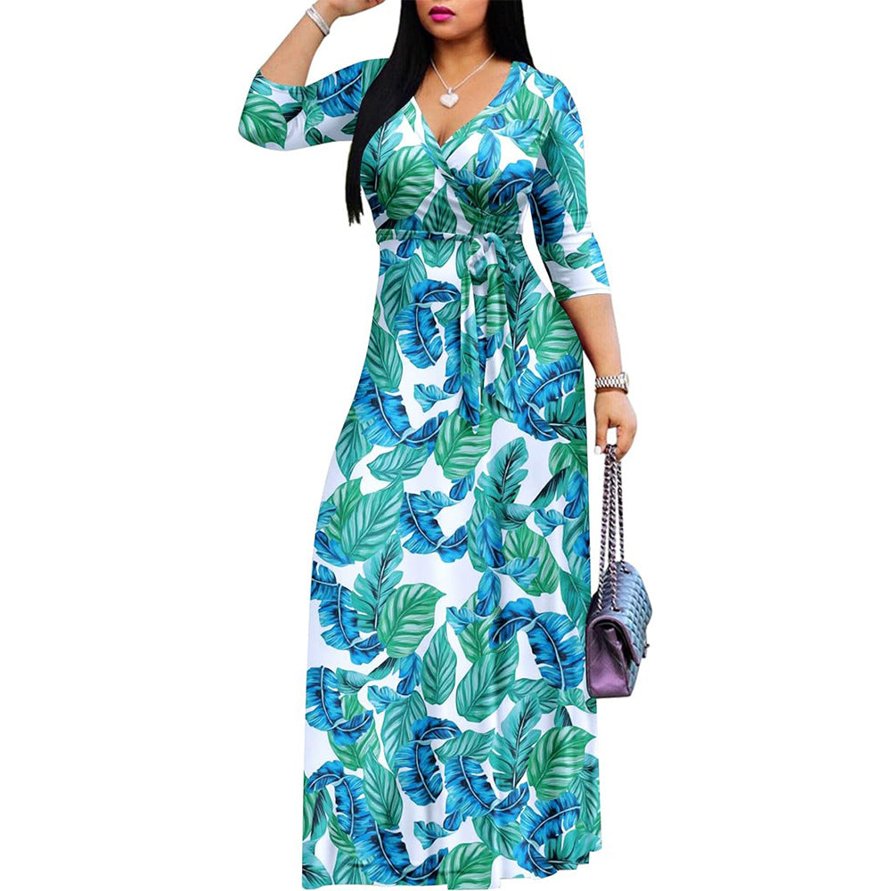 Women Flower Tie-dye Sexy V-neck Half-Sleeve Maxi Dress 24