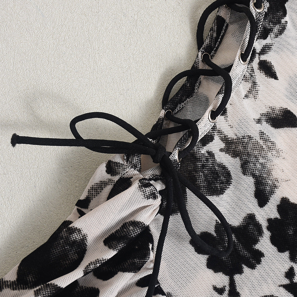 Women Stretchy Mesh Flocked Backless Sexy See-Through Lace-Up Dress 12