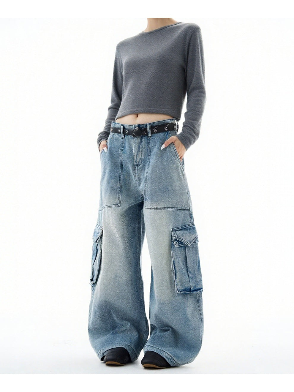 Plus-Size Women American Blue Cargo Denim Wide-Leg Pants 6