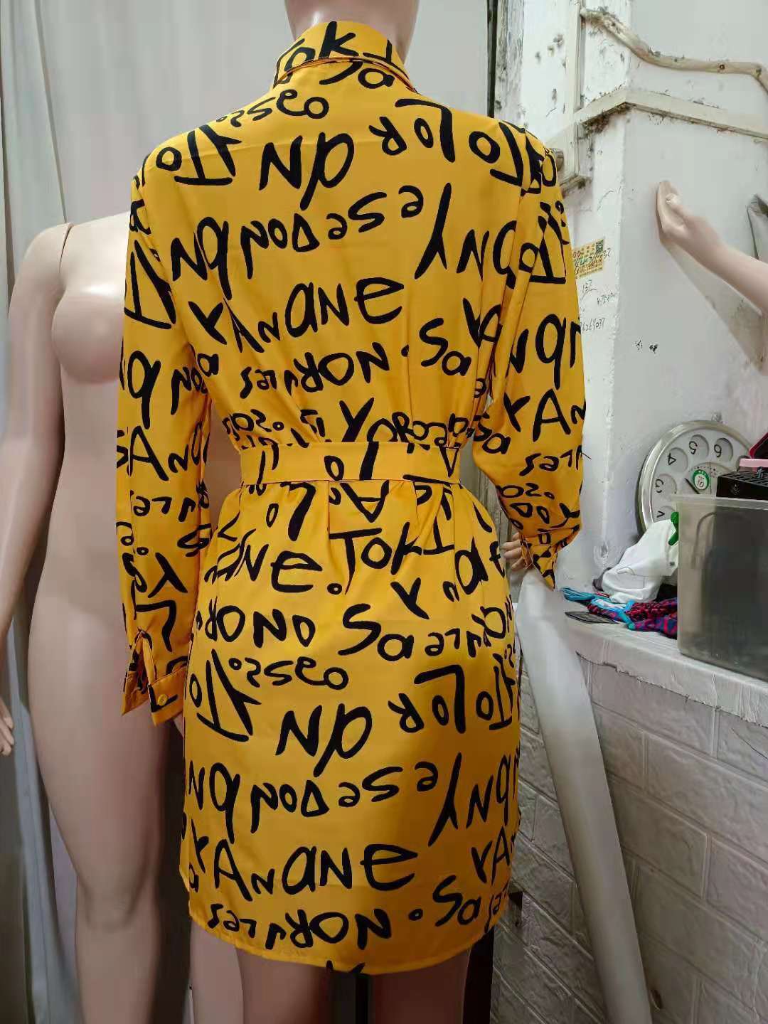 Fall Women's Chic Print Cardigan Turndown Collar Loose Shirt Dress 11