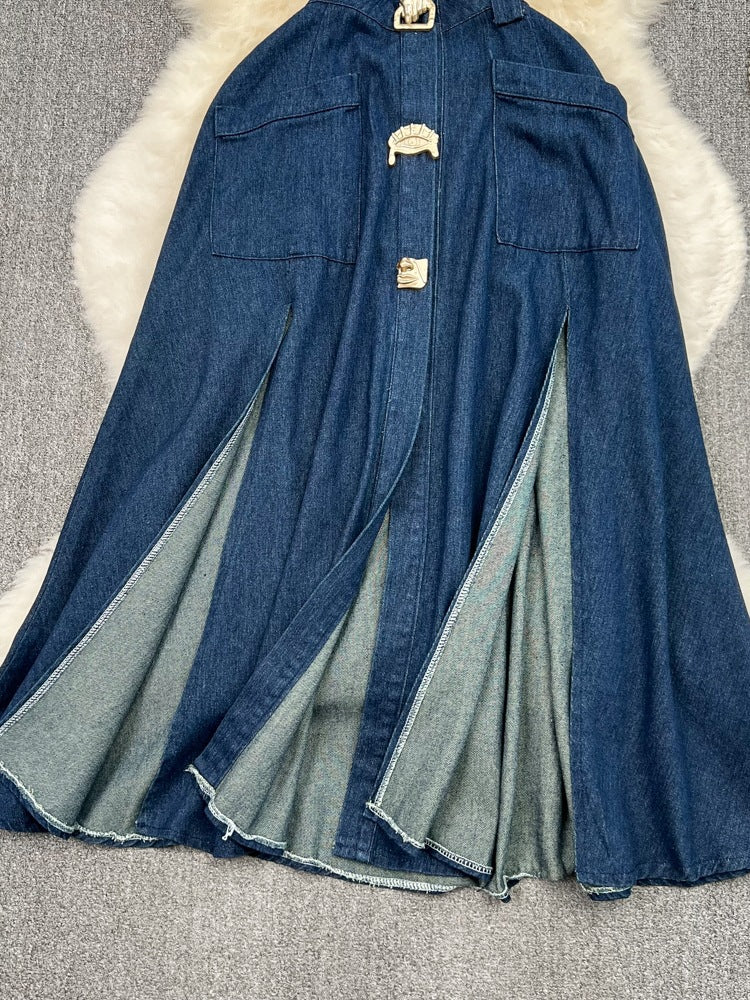Women Vintage Turndown Collar Cut Out Sleeveless Denim Dress 4
