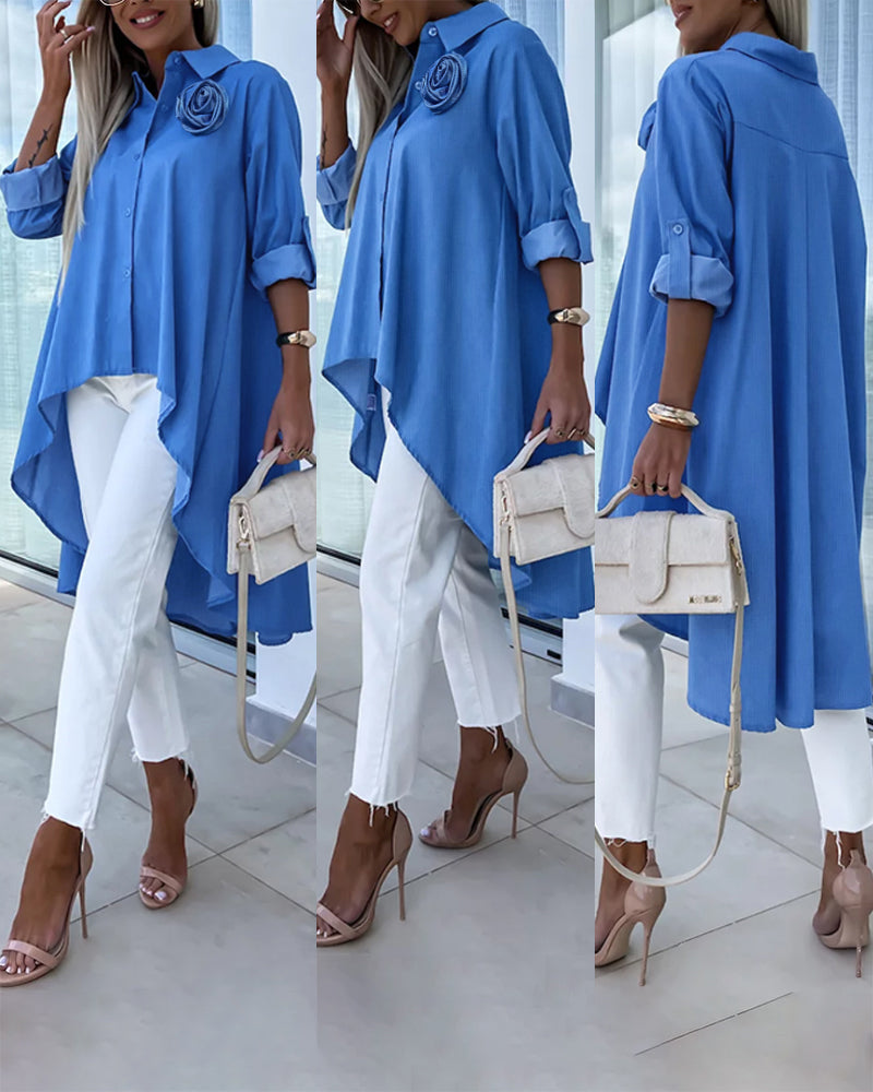 Women's Blue Long-Sleeved Flower Irregular Loose Shirt 7