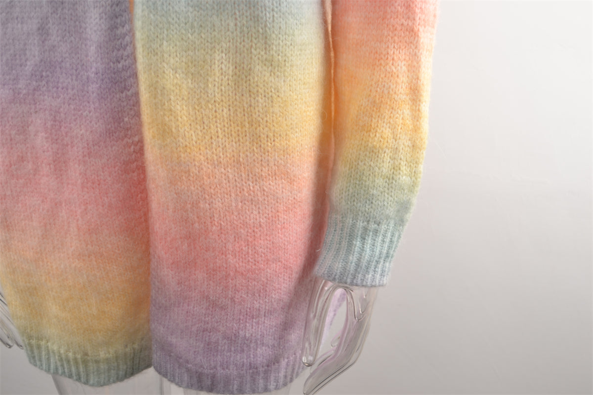 Winter Sweater Rainbow Tie Dye Plus Size Cardigan Women's Knitting Shirt Jacket 16