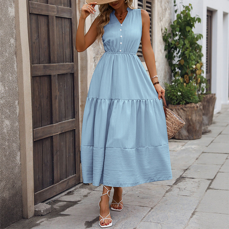 Women V-Neck Summer Sleeveless Patchwork Stand Collar Dress 7