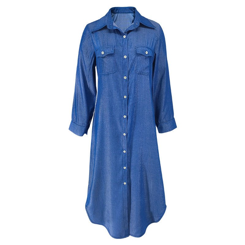Spring Autumn Fashion Turndown Collar Button Denim Long Sleeve Long Dress 7