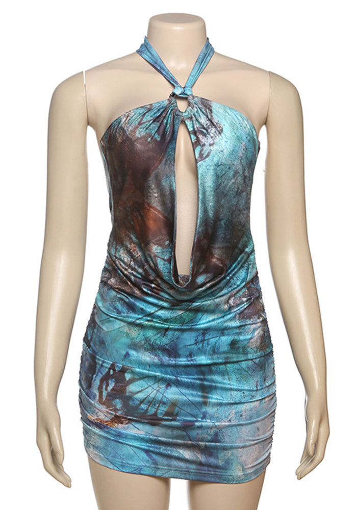 Women Spring Style Contrast Chain Sexy Cutout Halter Neck Bodycon Dress