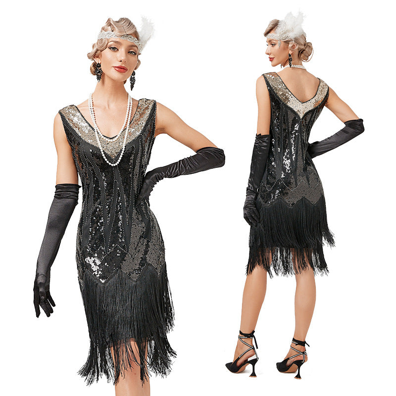 Women Vintage Collar Double Layer Tassel Cocktail Ball Sequin Bead Dress 5