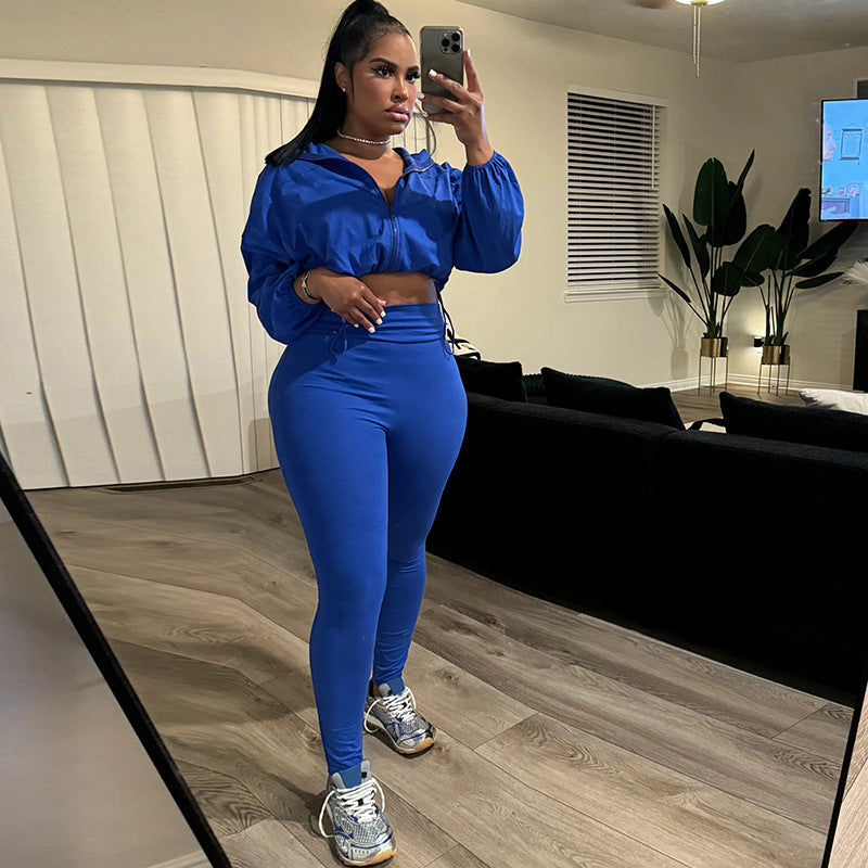 Spring And Autumn Sexy Drawstring Slim Waist Crop Top High Waist Tight Fitting Trousers Two Piece Set 5