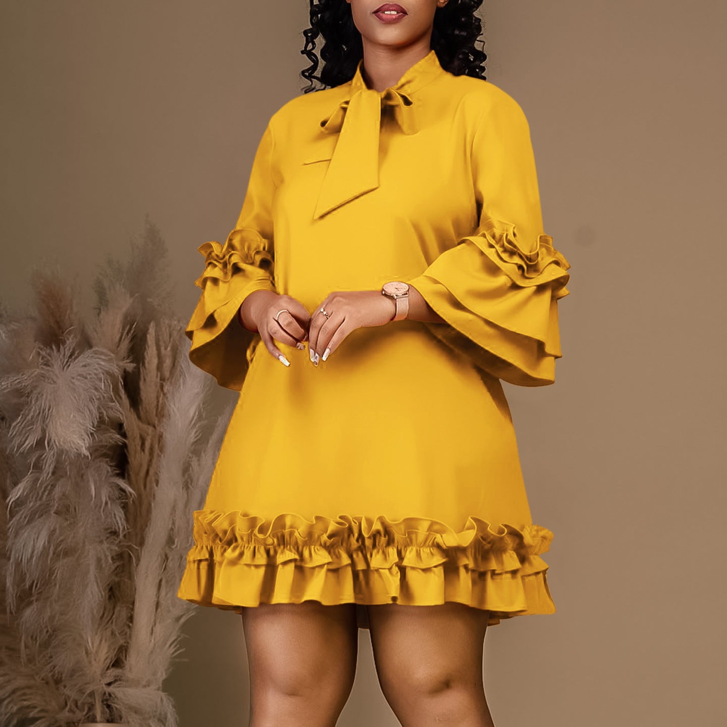 Women Loose CasualRuffle Edge Solid Dress 3