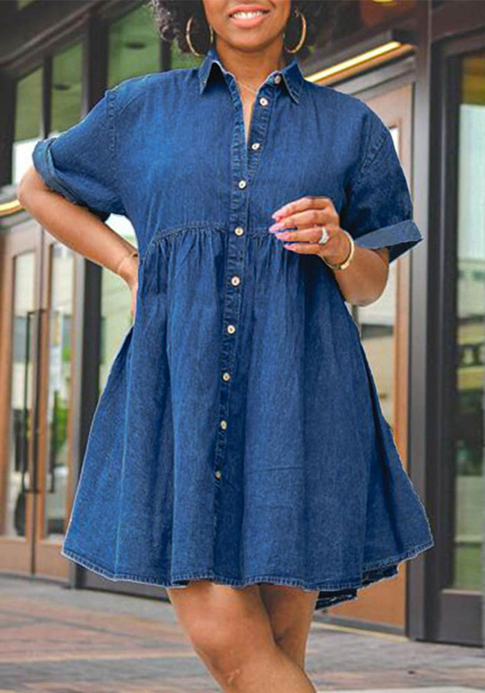 Plus Size Women Denim Short Sleeve Puffy Dress