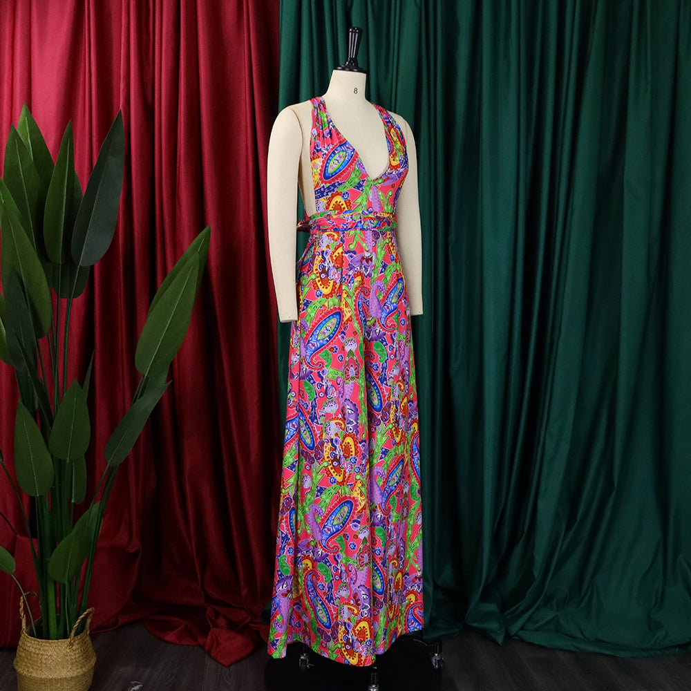 Plus Size Women African Print Halter Neck Beach Jumpsuit 19