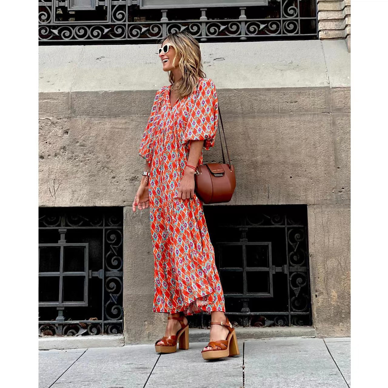 Women Summer Geometric Patch Puff Sleeve Dress 22