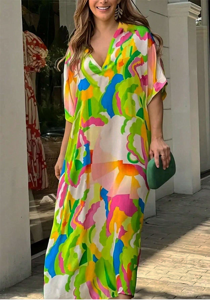 Multi-Color Printed V-Neck Loose Holidays Long Dress