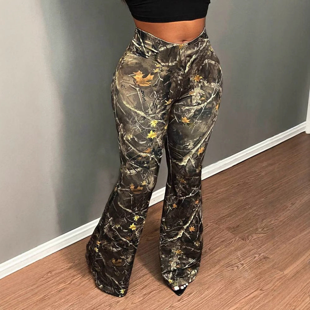 Women Elegant High Waist Plant Print Wide Leg Pants