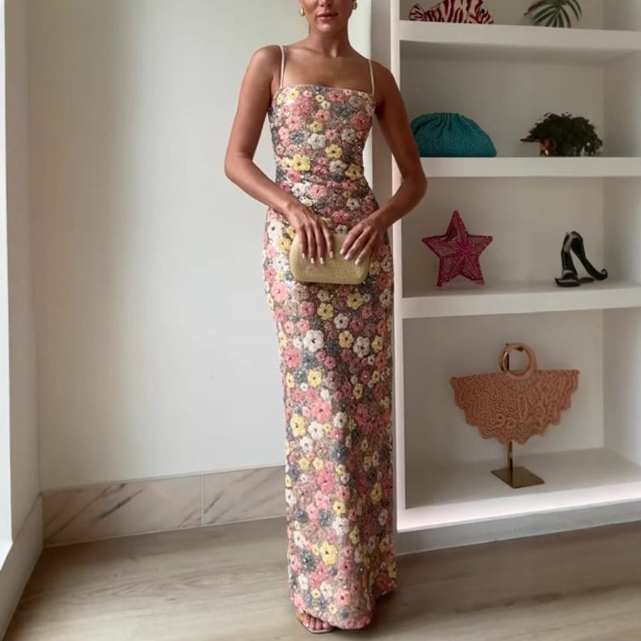 Spring-Summer Strappy Sequin-Embellished Casual Party Slim Long Dress 5