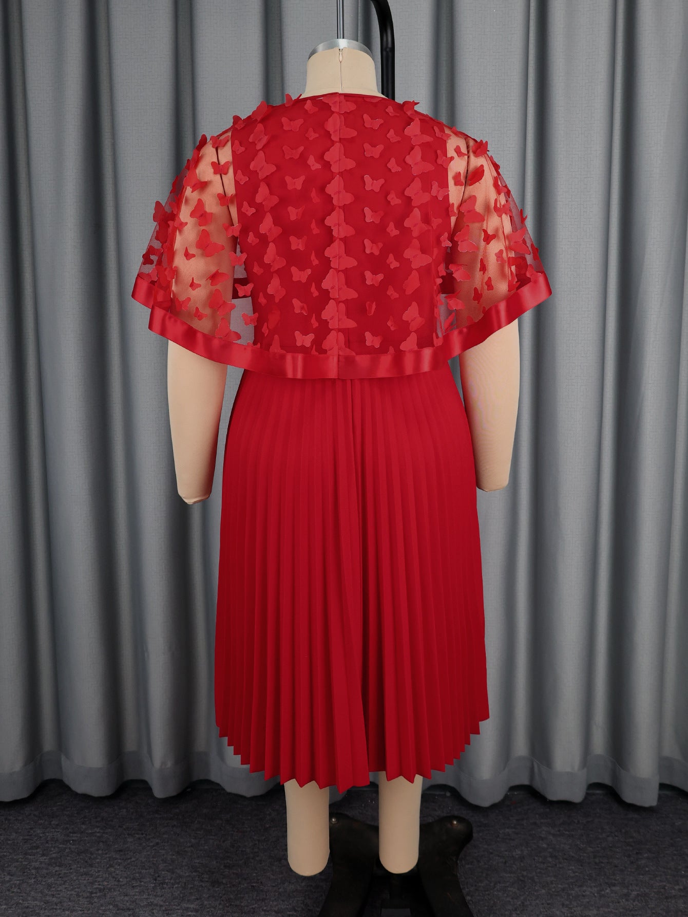 Plus-Size Women Red Patchwork Mesh Bow Shawl Pleated Dress 7