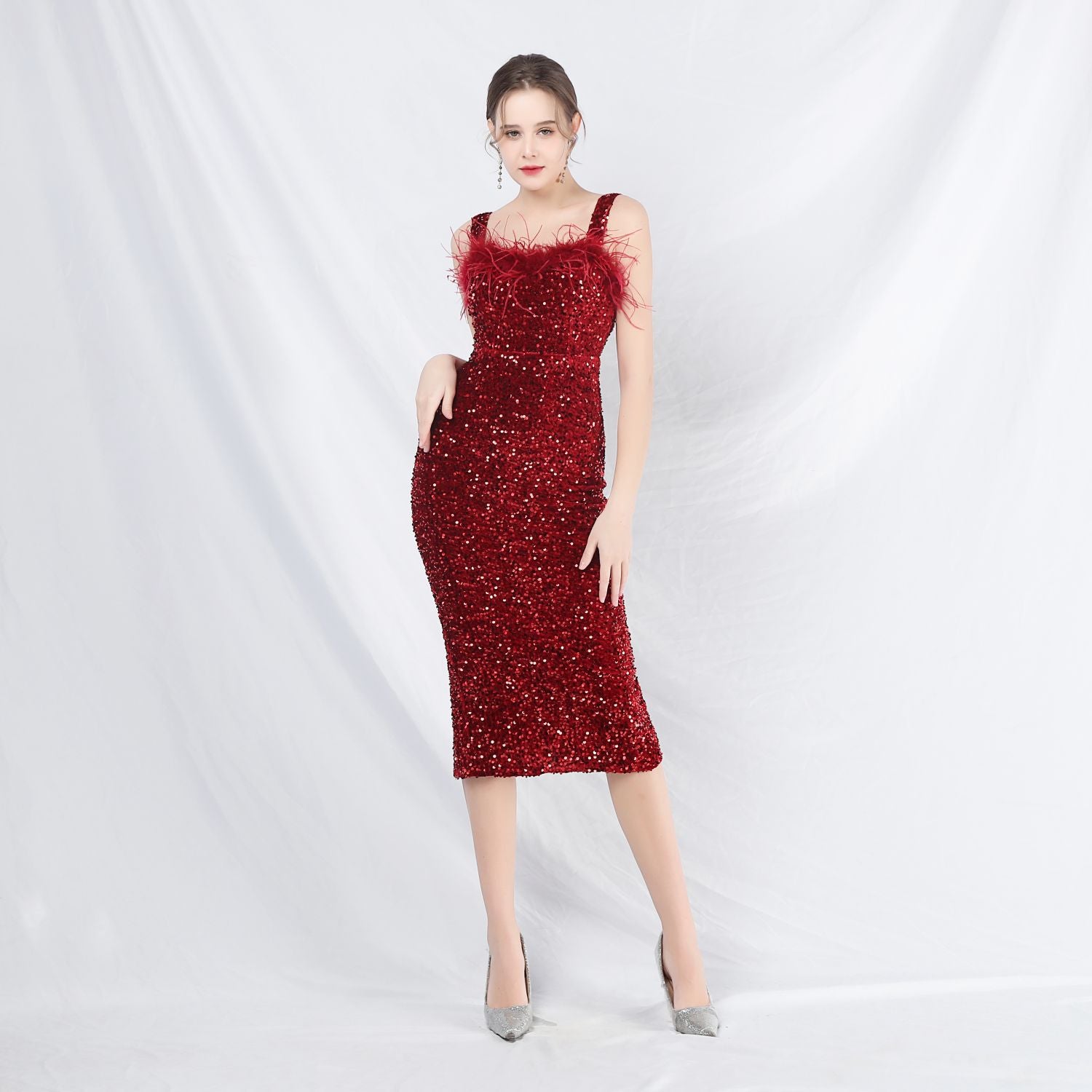 Strap Feather Sequin Midi Evening Dress 6