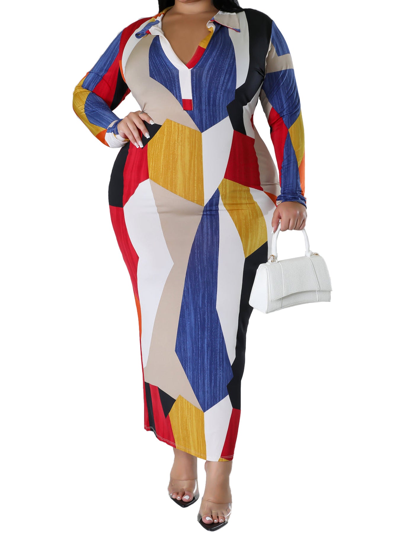 Plus Size Women Winter Turndown Collar Long Sleeve Dress 6