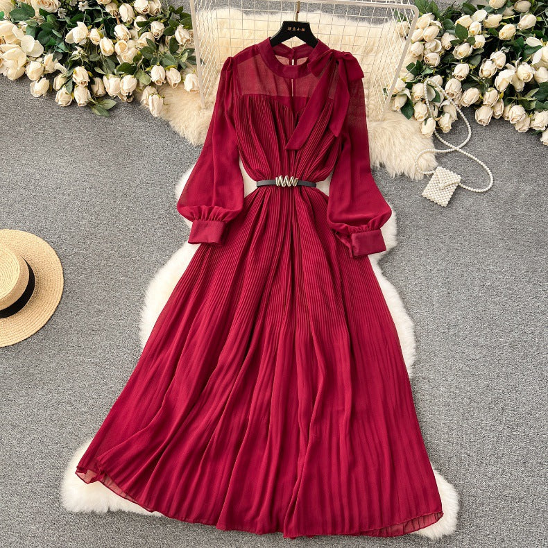Spring Women's Bow Pleated Chiffon Puff Sleeve Long Dress 22