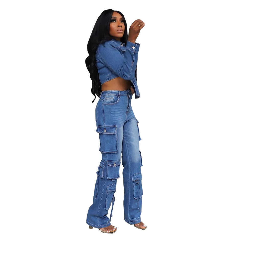Women Casual Denim Top and Pant Two Piece Set 5