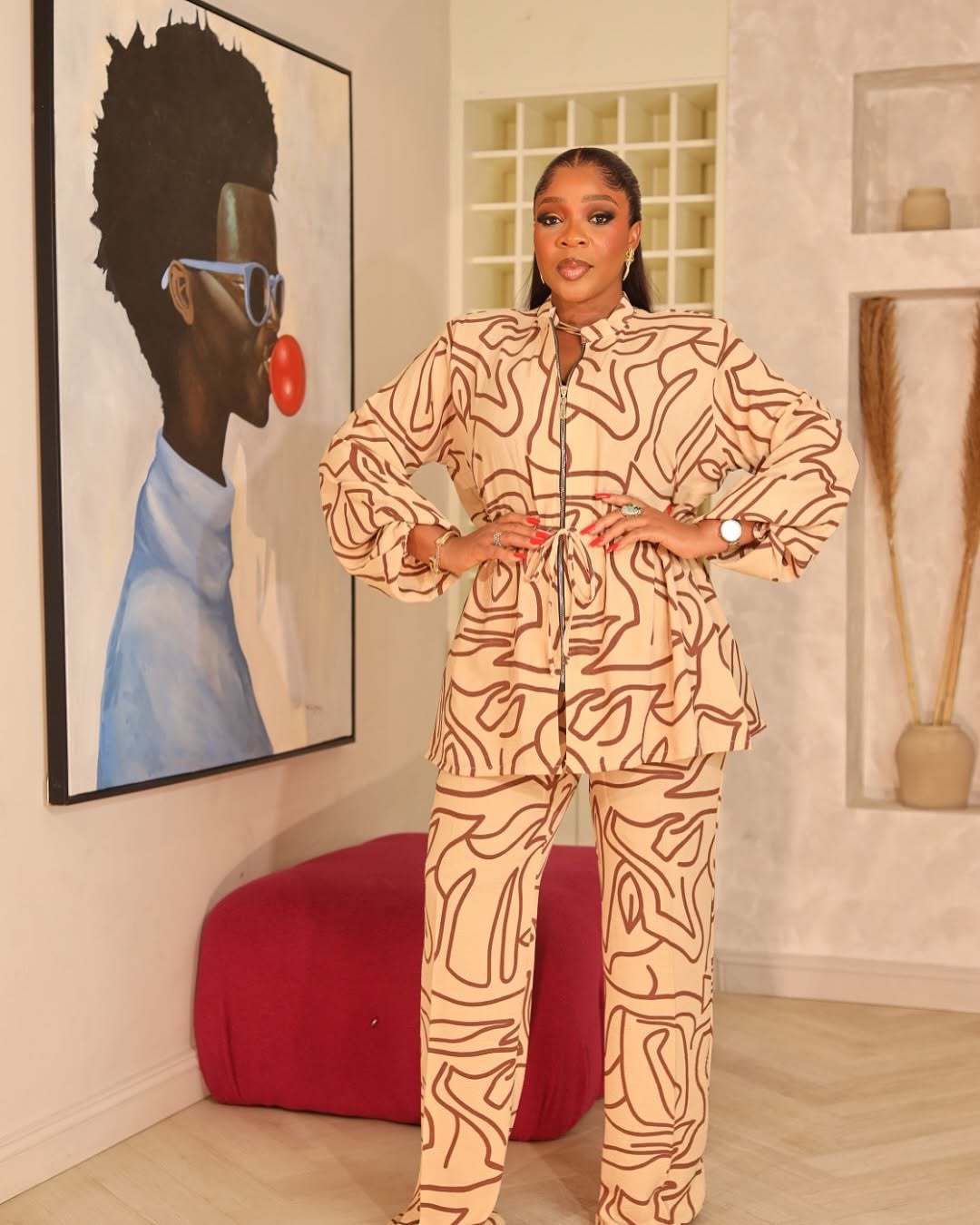 Elegant Stand Collar Print Drawstring Slim Waist Long Sleeve Two-Piece Pants Set 4