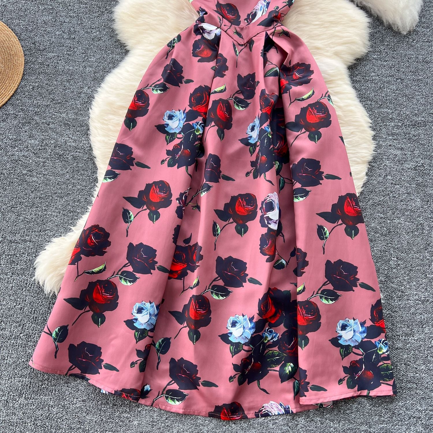 Fashion Printed Round Neck Slim Waist Pleated Flare Sleeveless Mini Dress 39