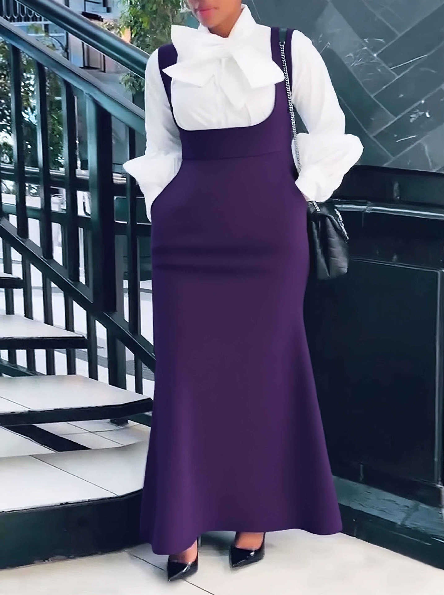 Plus-Size Women Solid Casual Suspender Skirt 11