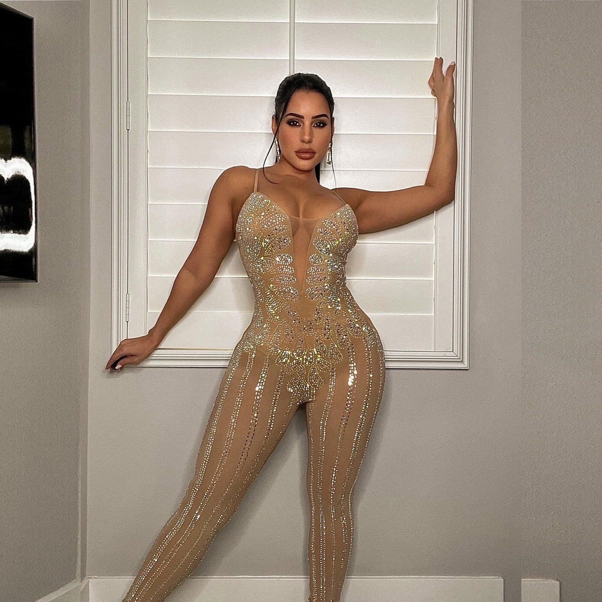 Women Summer Sexy Suspender Beaded Sleeveless Jumpsuit 7