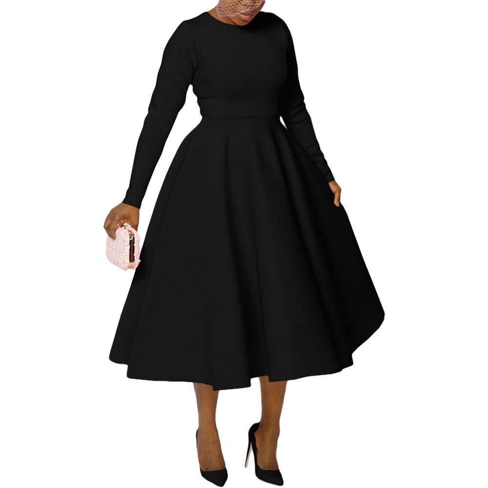 Women's Solid Round Neck Long Sleeve A-Line Dress 10