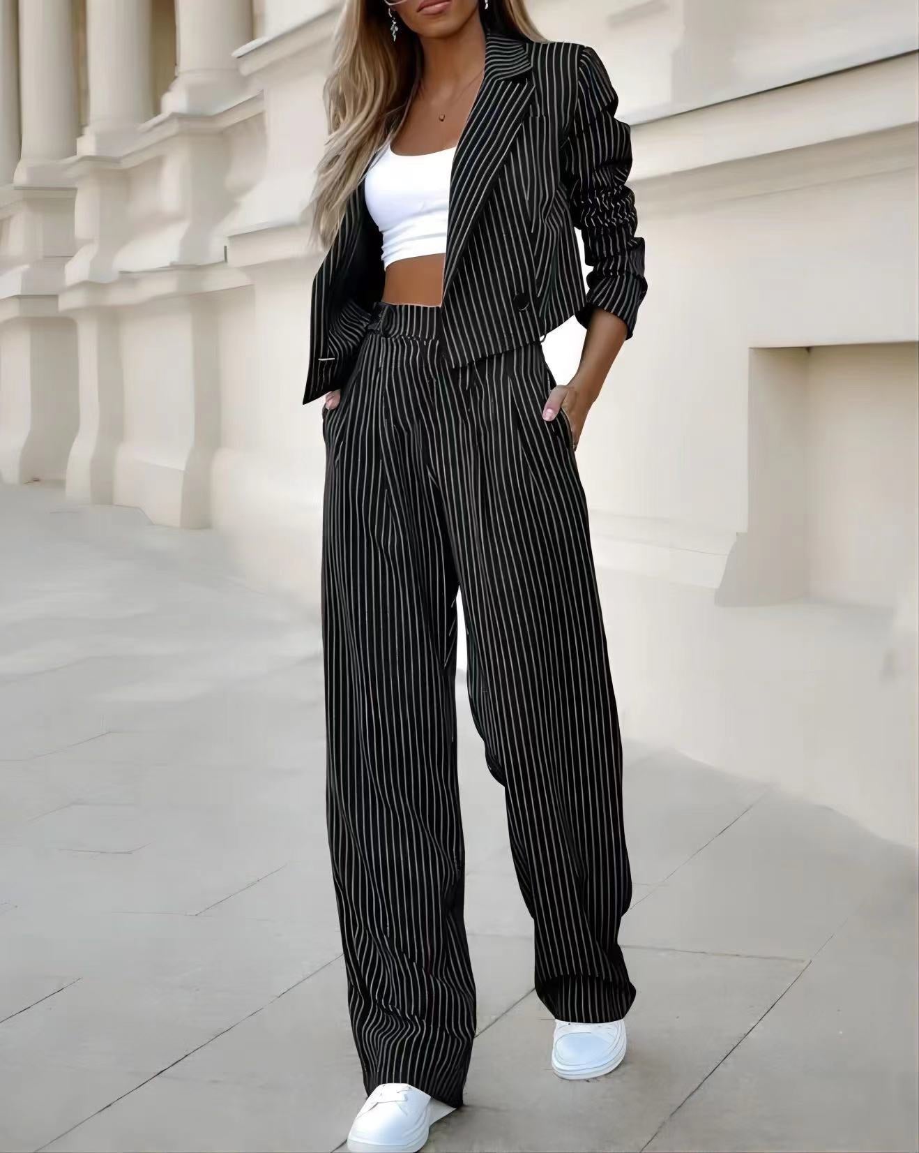 Women Casual Striped Turndown Collar Crop Blazer Straight Leg Pants Two-Piece Set 3