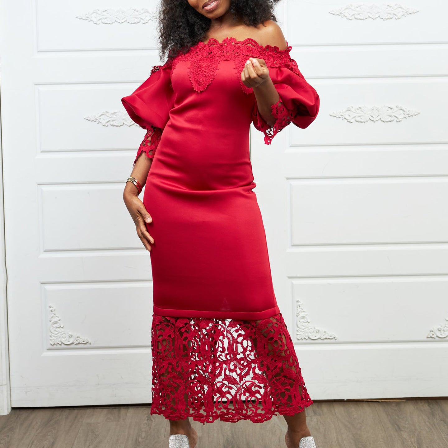 Women's Clothing Off Shoulder Lace Patchwork Puff Sleeve Formal Party Evening Dress 3