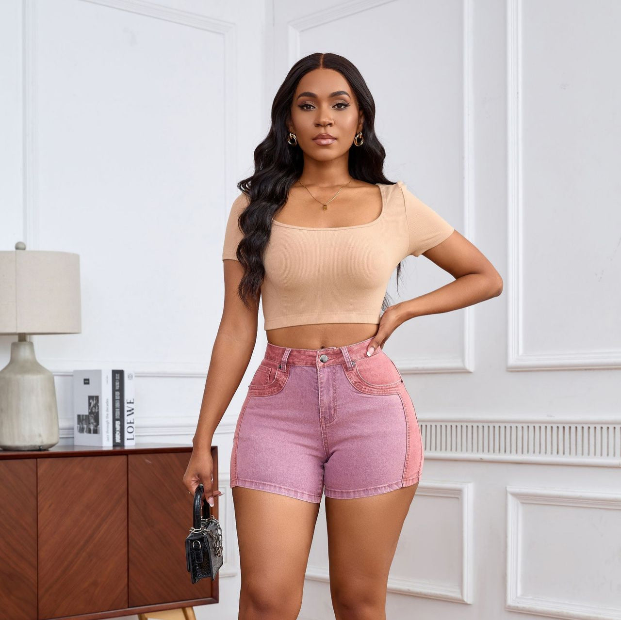 Women Stretchy Washed Patchwork Denim Shorts 4