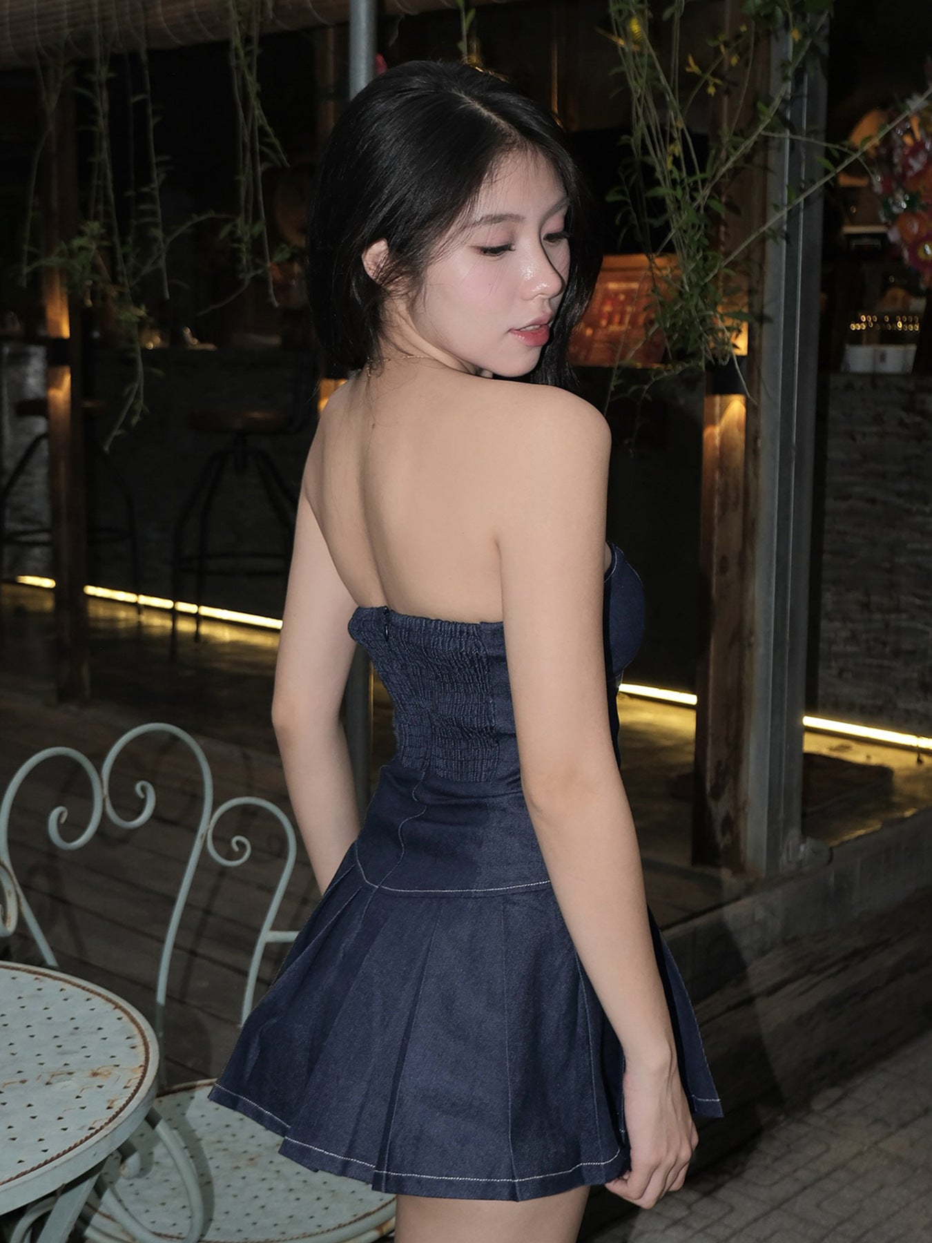 Women Sexy Solid Patchwork Backless Denim Strapless Pleated Dress 5