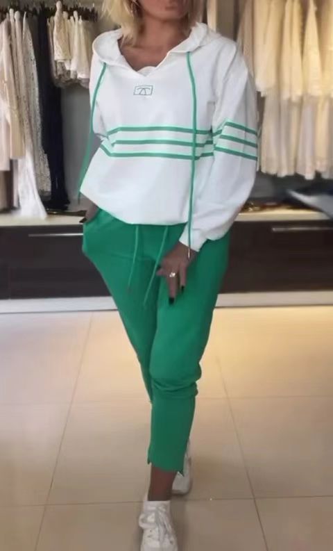 Autumn Fashion Color Matching Hooded Long-Sleeved Hoodies Casual Pants Sports Two-Piece Set For Women 3