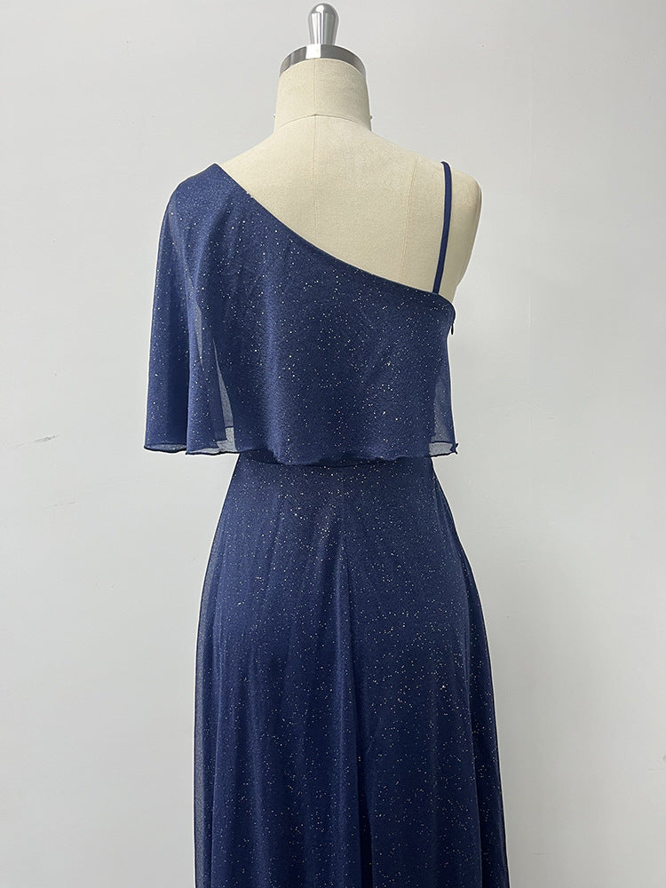 Ladies One Shoulder Short Sleeve Side Slit Evening Dress A-Line Shiny Long Party Prom 10