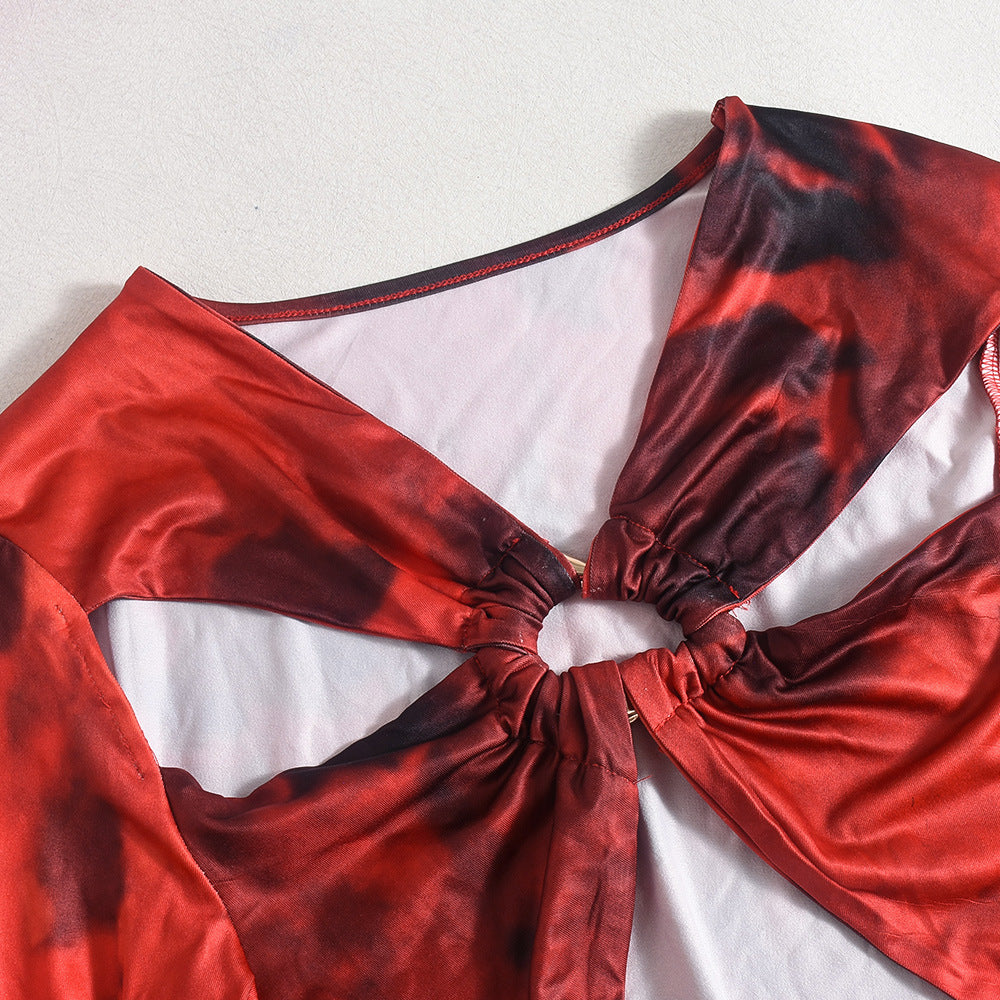 Women's Autumn Winter Printed Hollow Metal Ring Crop Long Sleeve Top Short Skirt Two-Piece Set 5