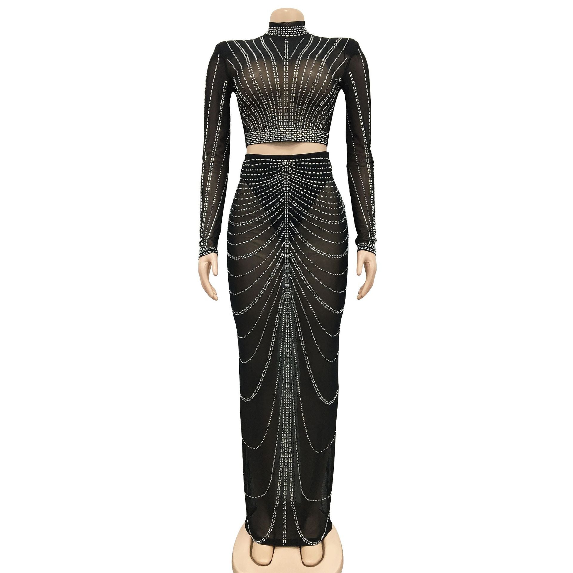 Women's Fashion Mesh Beaded See-Through Long Sleeve Long Dress Two Piece 19