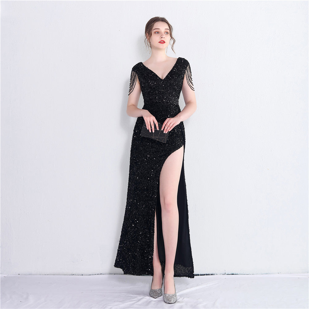Sexy Slit V-neck long sequins Plus Size Beauty Formal Party Evening Dress 10