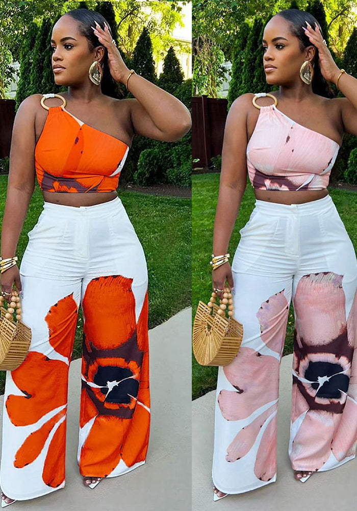 Printed One-Shoulder Top Slim Wide-Leg Pants Two-Piece Set