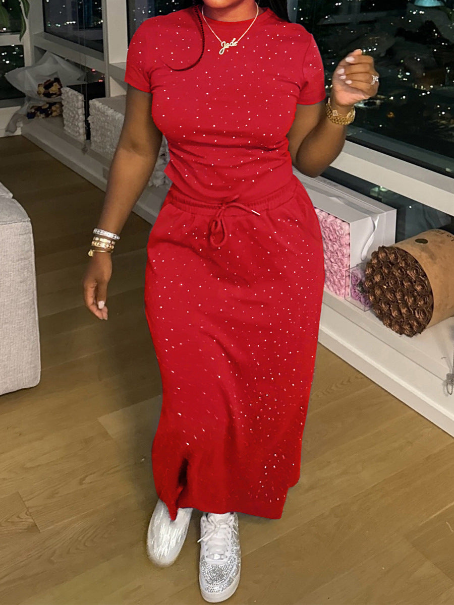 Women's Casual and Fashionable Summer Short Sleeve Two Piece Long Skirt Sets 7