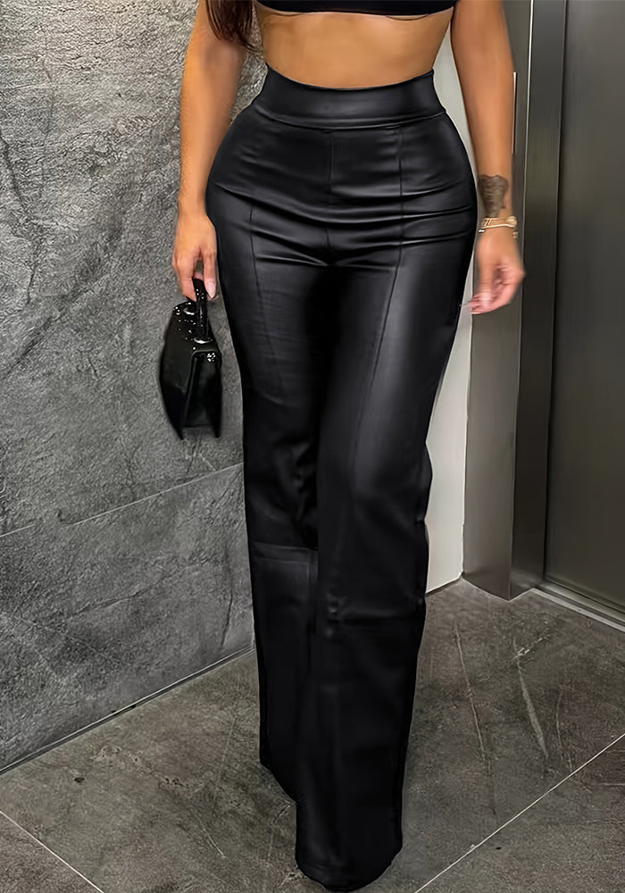 Women autumn black Pu-Leather Bell Bottom trousers
