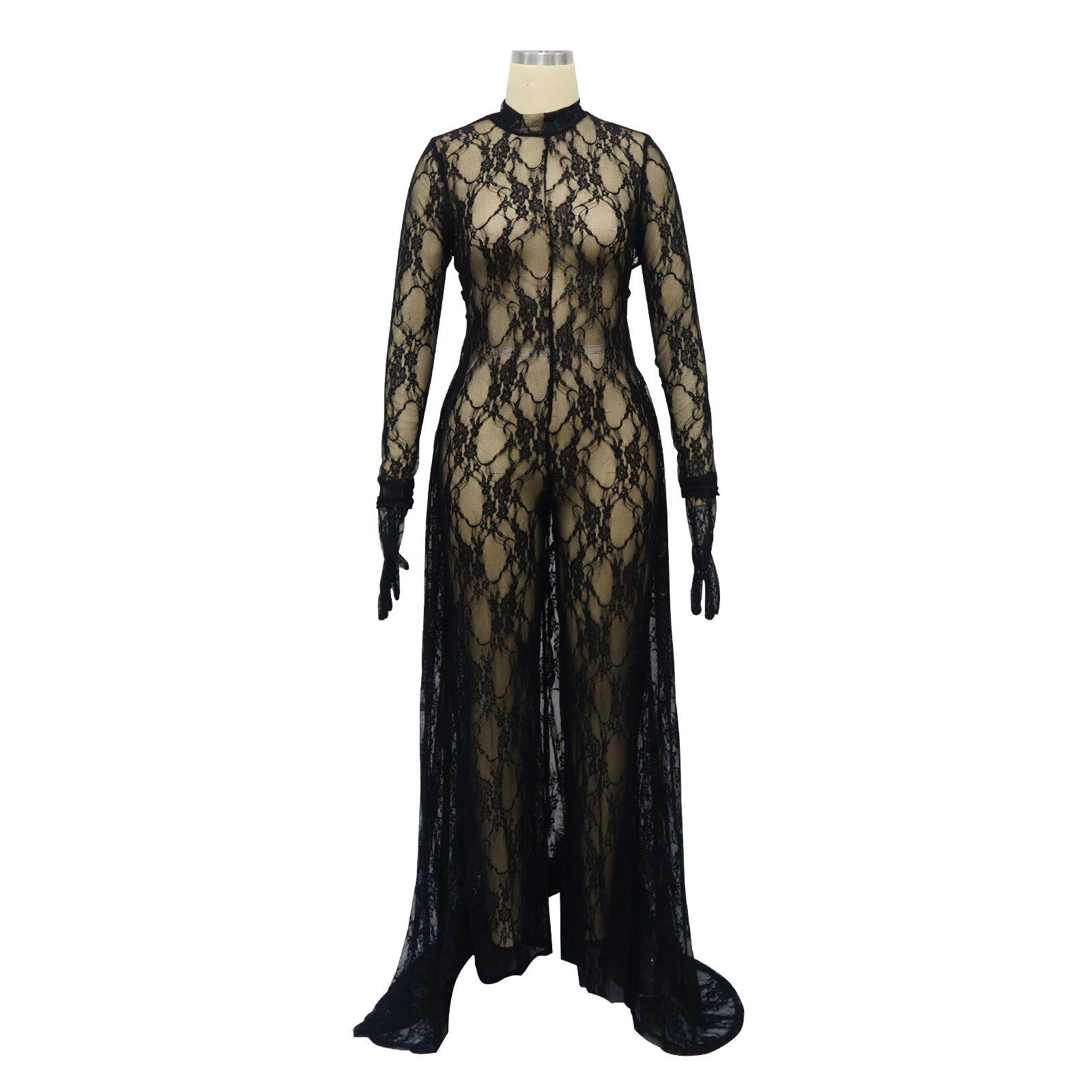 Sexy Women's Sexy See-Through Lace Low Back Lace-Up Jumpsuit 11