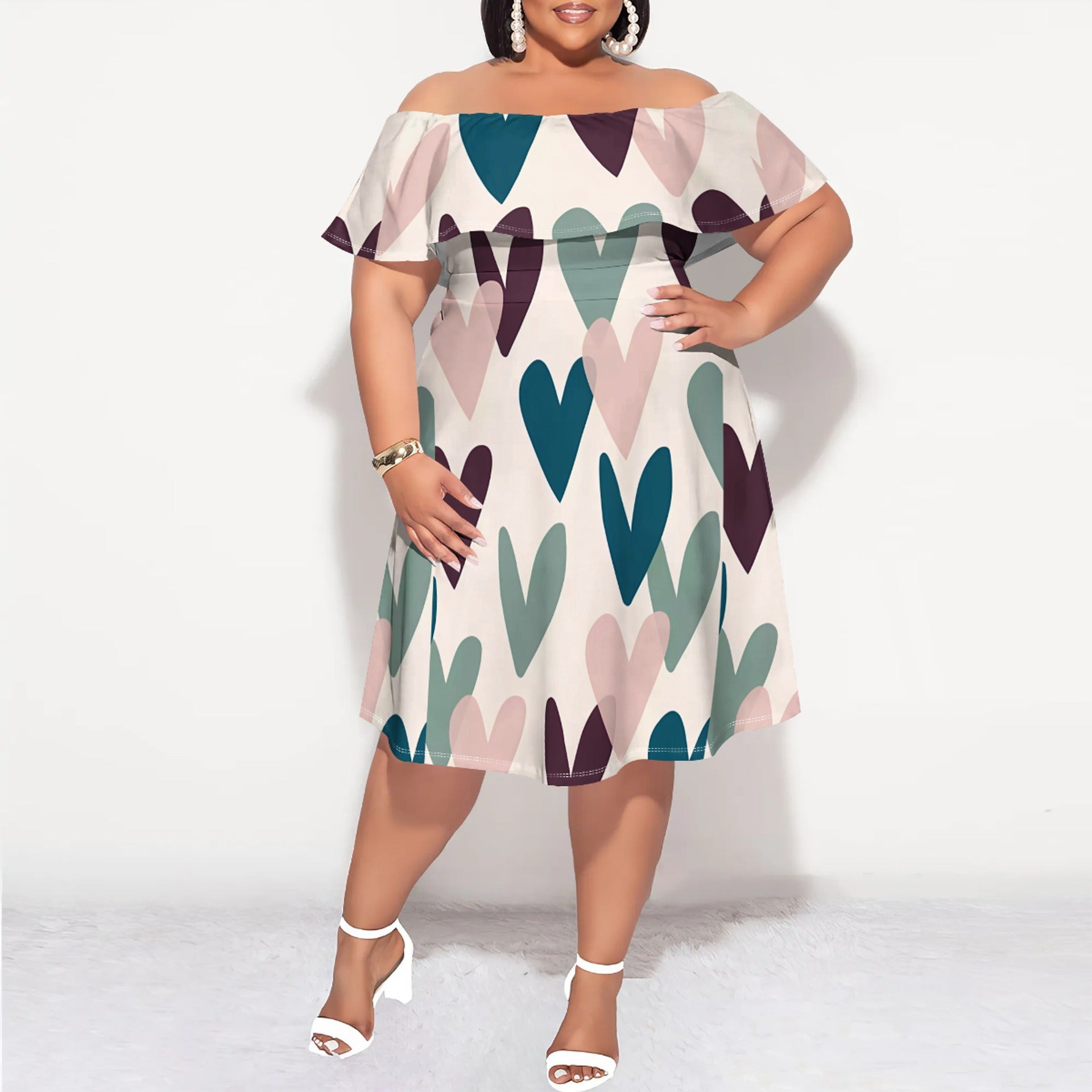 Plus Size Women's Off Shoulder Printed Casual Dress 3