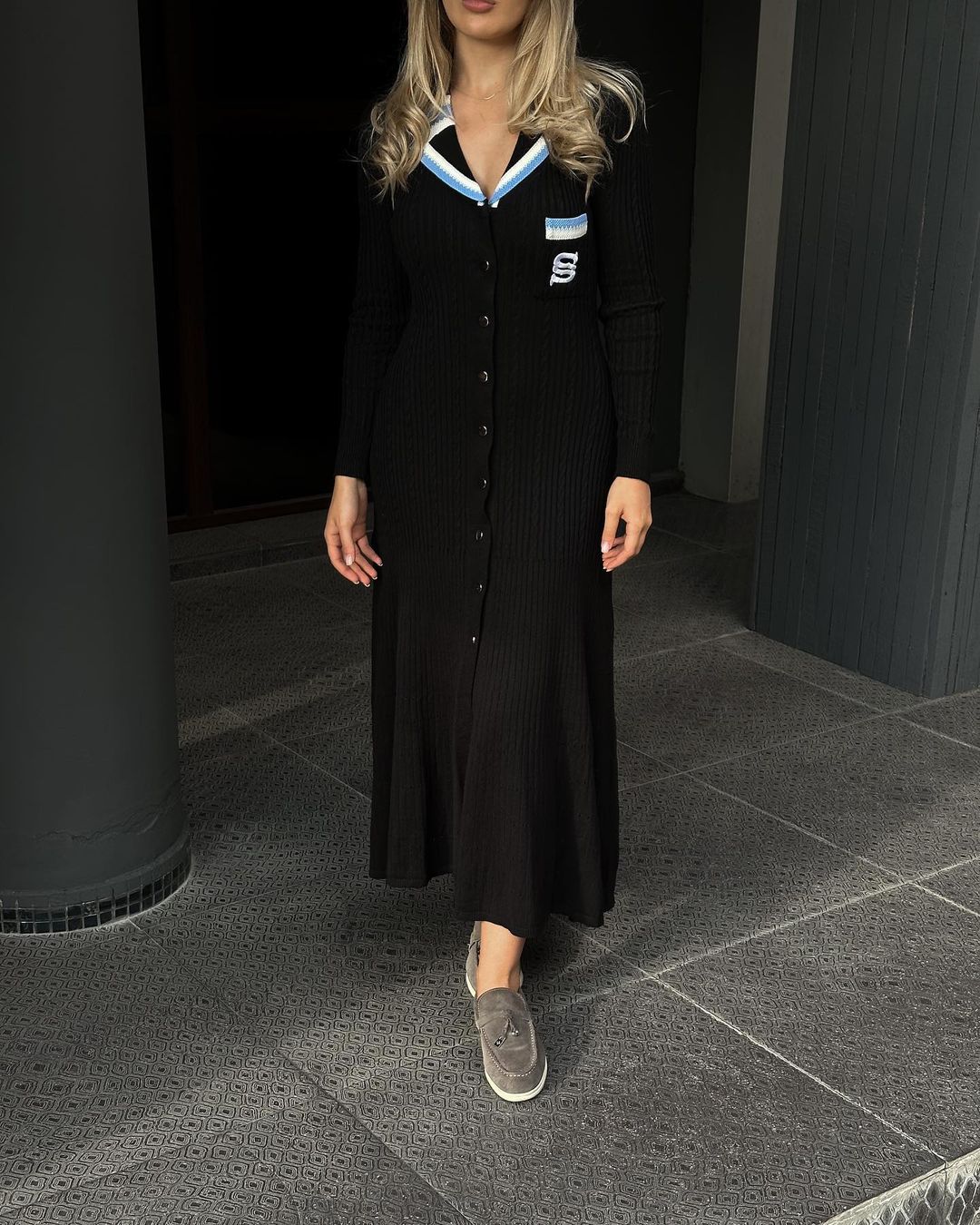 Female Long Sleeve Turndown Collar Slim Fit Chic Long Dress 14