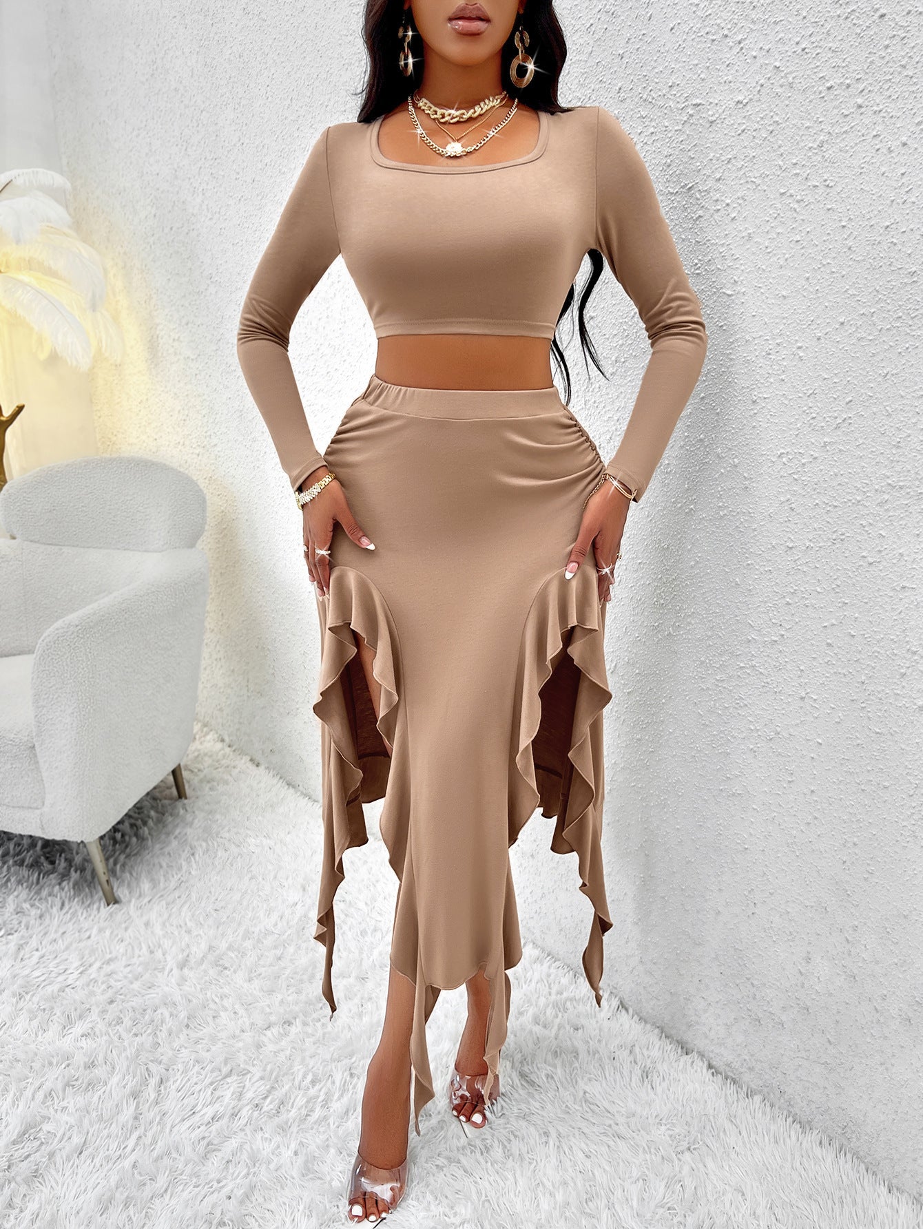 Fashionable And Elegant Solid Color Round Neck Long Sleeve Top Ruffle Skirt Two Piece Set For Women