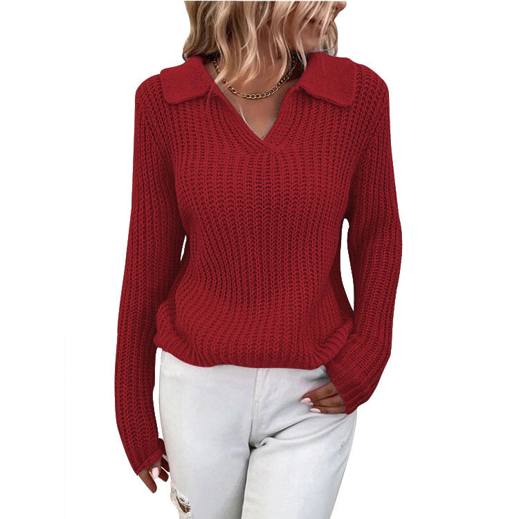 Women Turndown Collar Round Neck Sweater 10