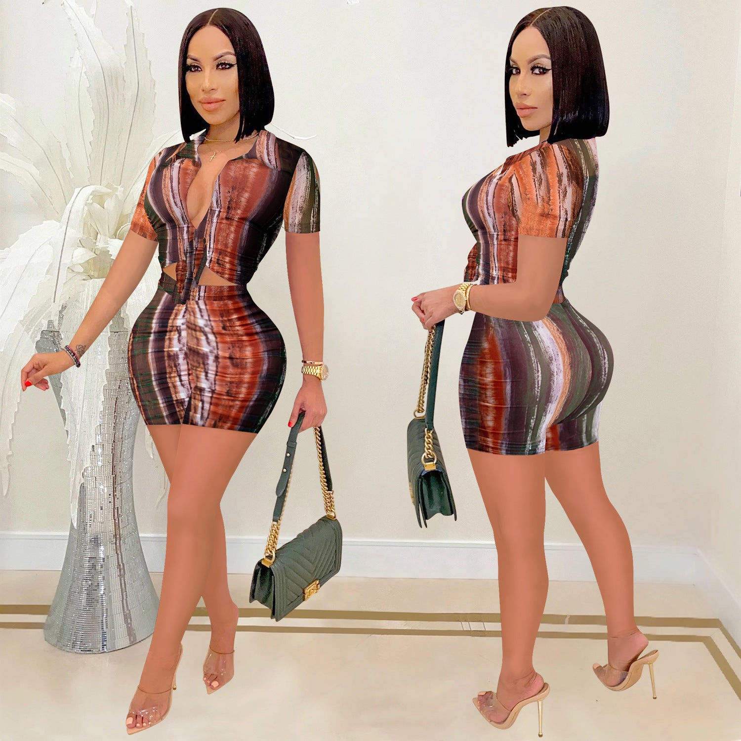 Trendy Print V-Neck Long-Sleeve Two-Piece Shorts Set