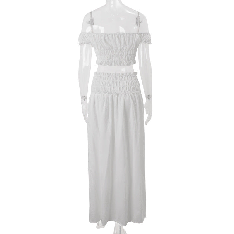 Women summer new sexy Chic Holidays Off Shoulder pleated top slit skirt set 8