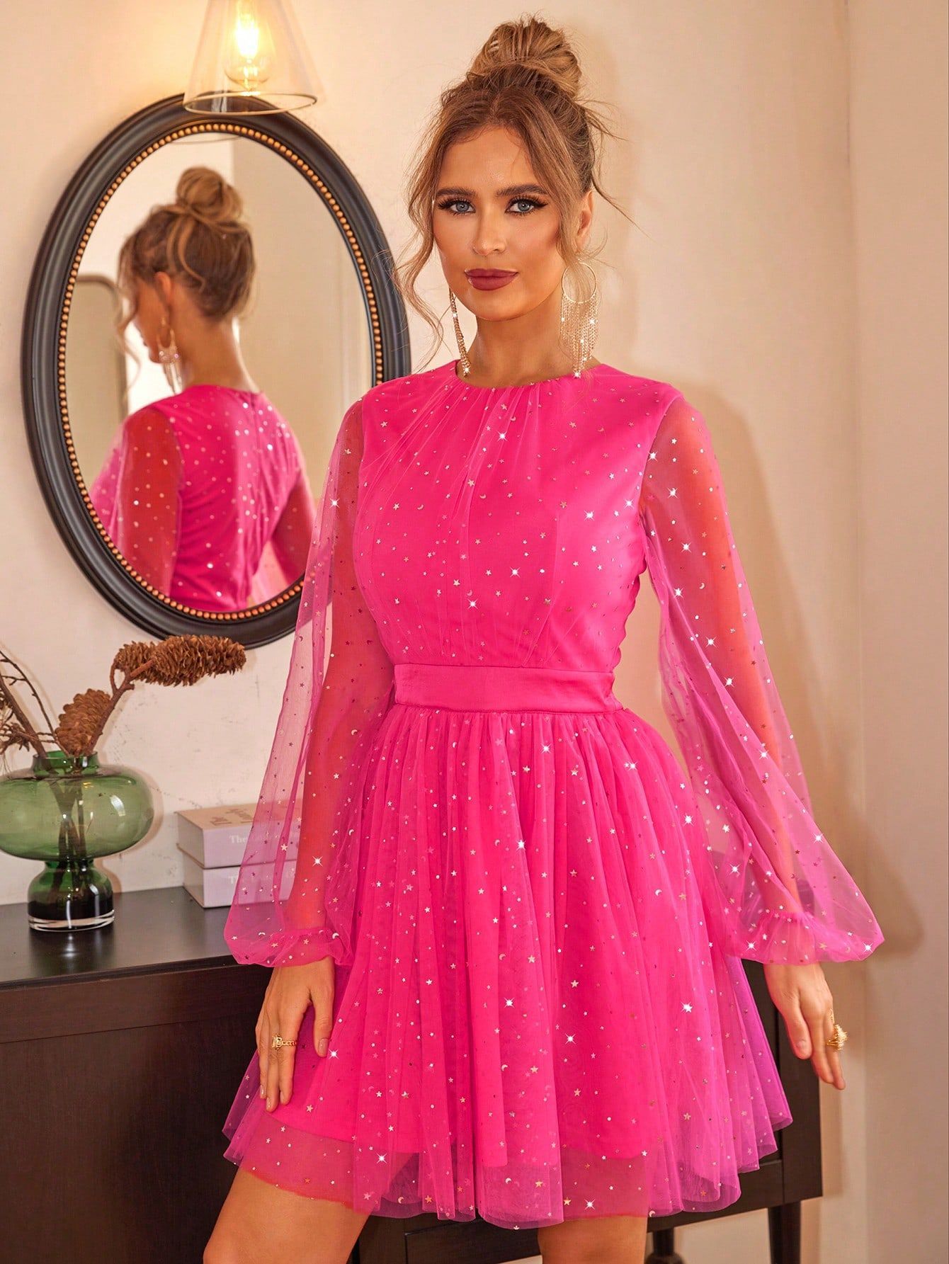 Women Star Print Lantern Sleeve Mesh Layered Dress 7