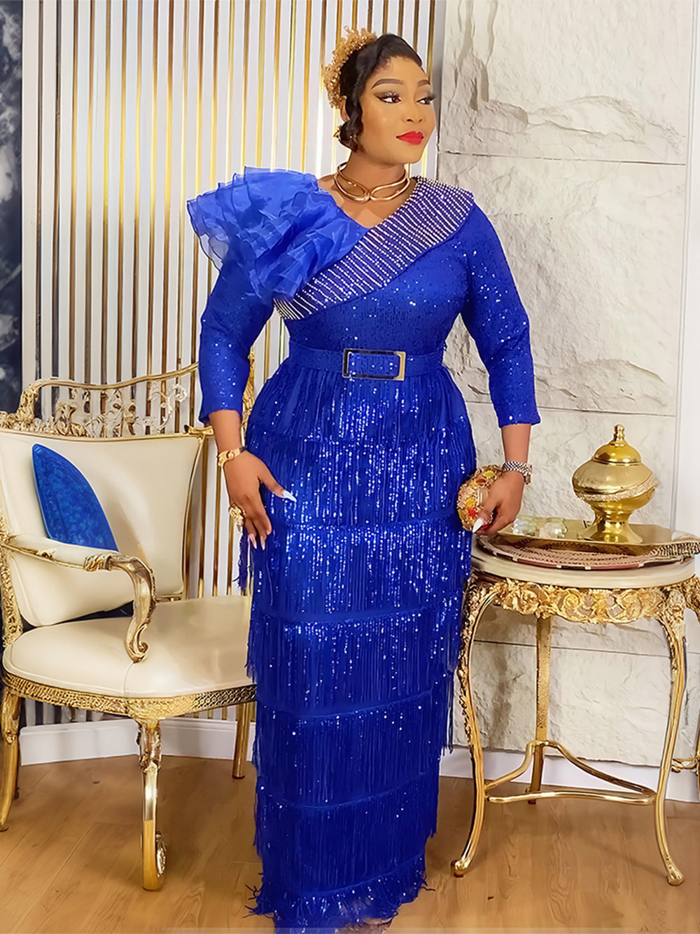 Plus-size African Women sexy tassel sequin dress 8